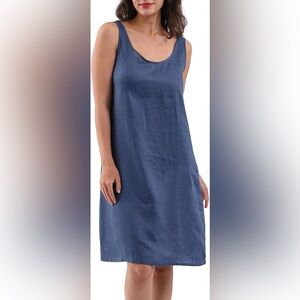 100% Linen Blue Sleeveless Midi Tank Dress Size